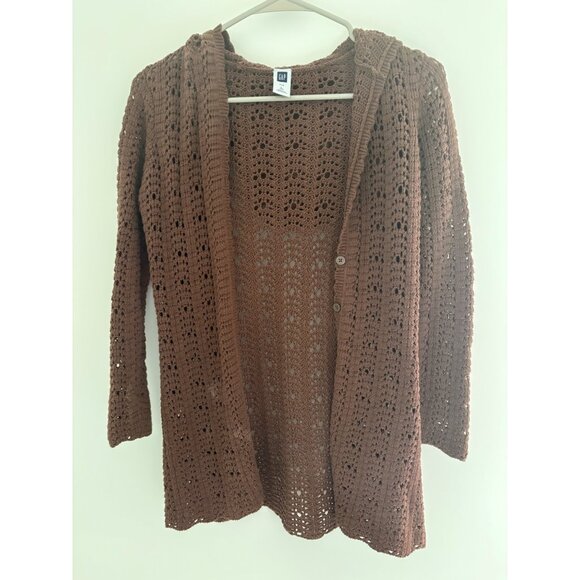 Gap Kids Girls 10 Brown Hooded Crochet Cardigan‎ With Buttons & Long Sleeves - Picture 1 of 6